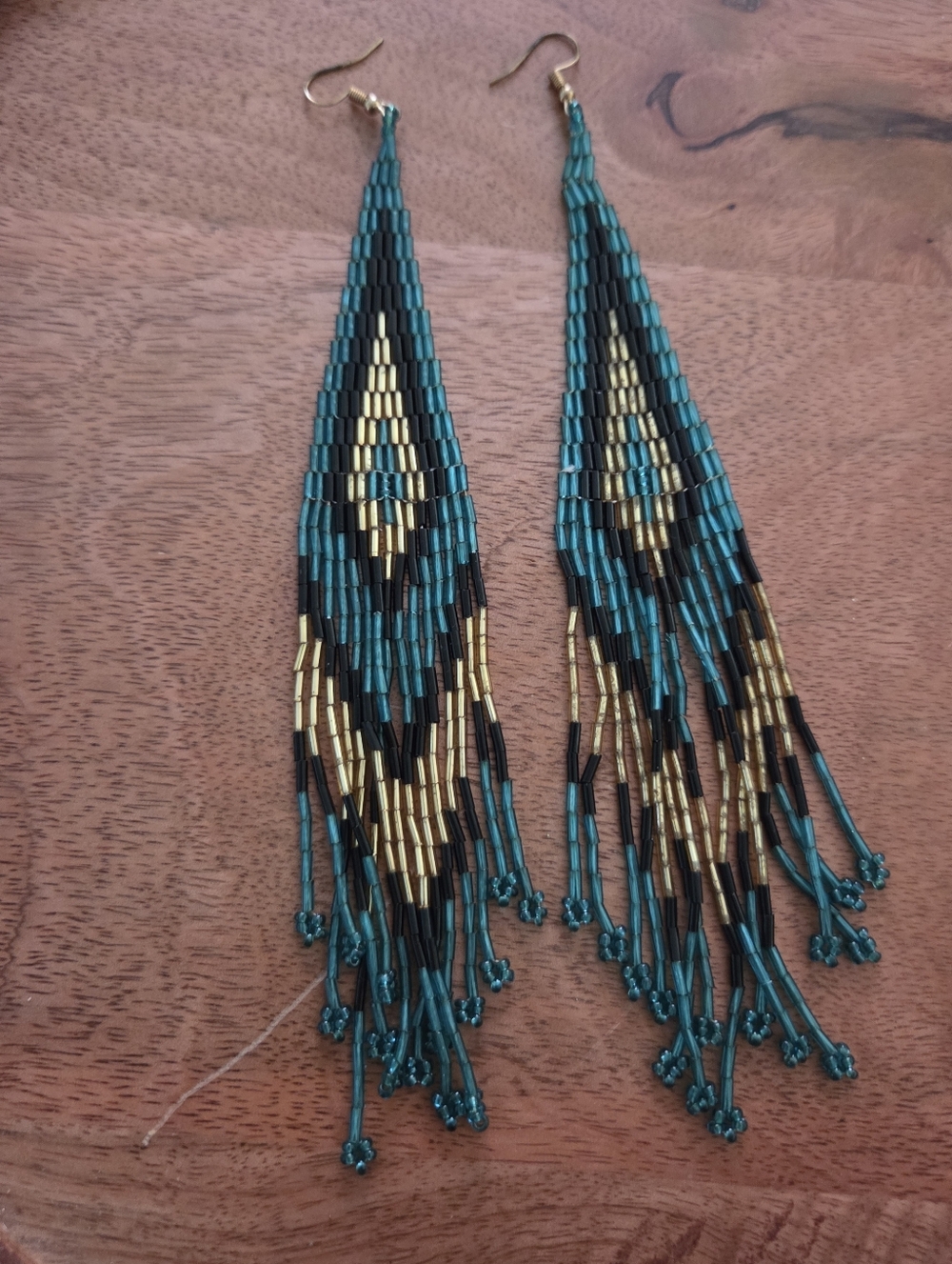 Western Teal Gold Black beaded fringe earrings Boho Rodeo Festival Cowgirl - Picture 4 of 6